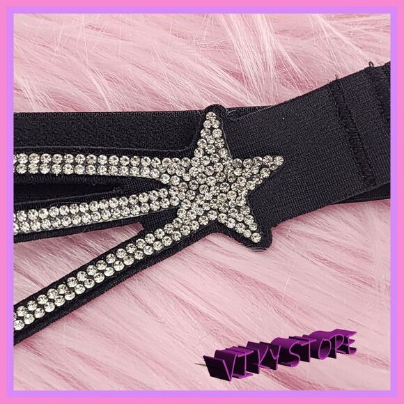 💖 NWT Victoria’s Secret Black Satin Star Rhinestones High Leg Tanga M #7263 💖 - Picture 5 of 8